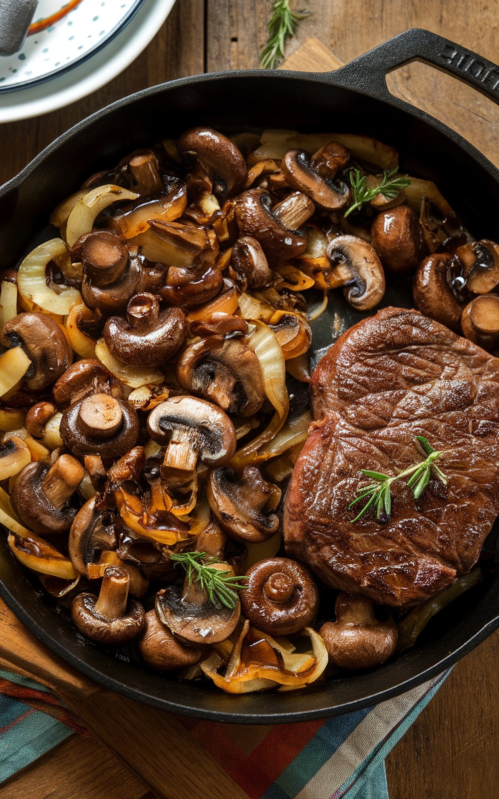Caramelized wild mushrooms and onions in a skillet, garnished with herbs, served with steak.